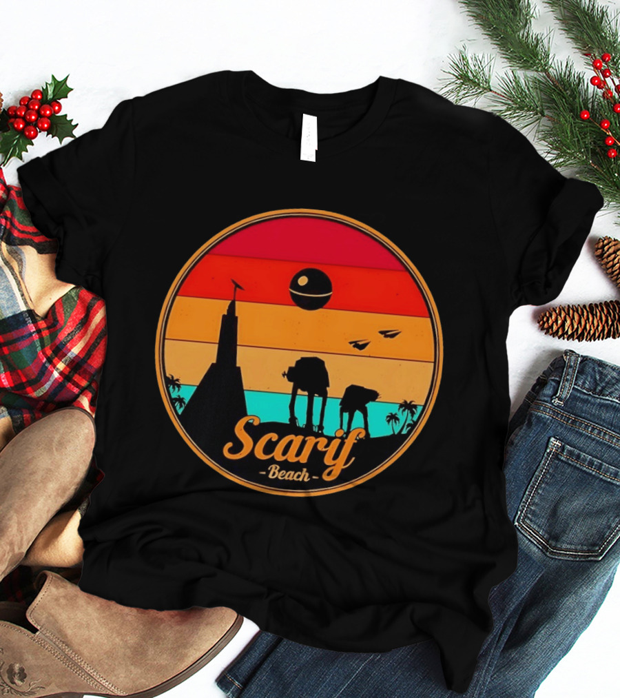 Scarif Beach Sunset With AT ACT Walkers And Death Star T-Shirt