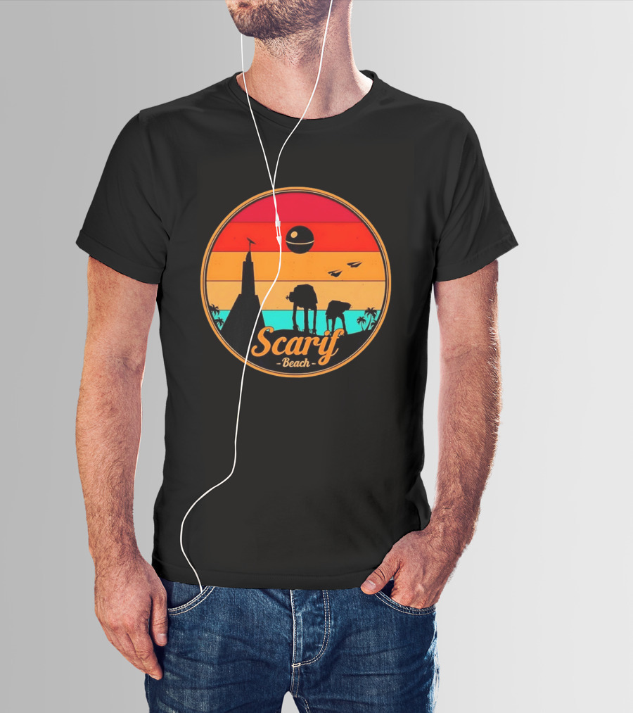 Scarif Beach Sunset With AT ACT Walkers And Death Star T-Shirt