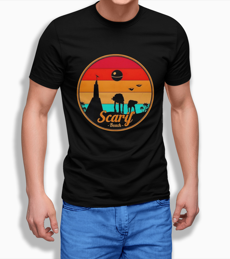 Scarif Beach Sunset With AT ACT Walkers And Death Star T-Shirt