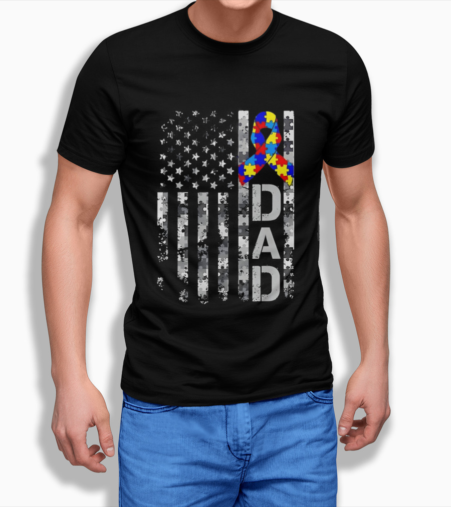 USA Flag With Autism Awareness Puzzle Ribbon Dad Fathers Day T-Shirt