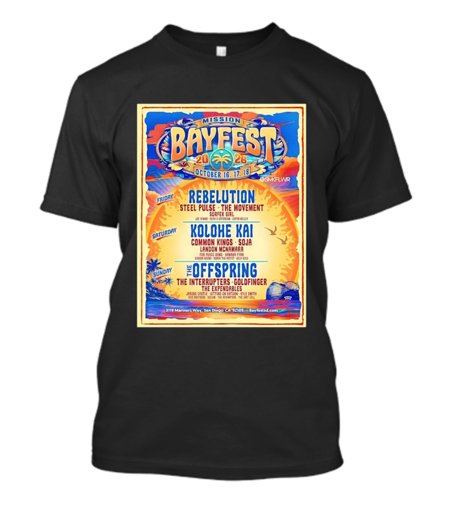 Mission Bayfest 2026 October 16 18 San Diego Lineup Featuring Rebelution Kolohe Kai The Offspring 3119 Mariners Way T-Shirt