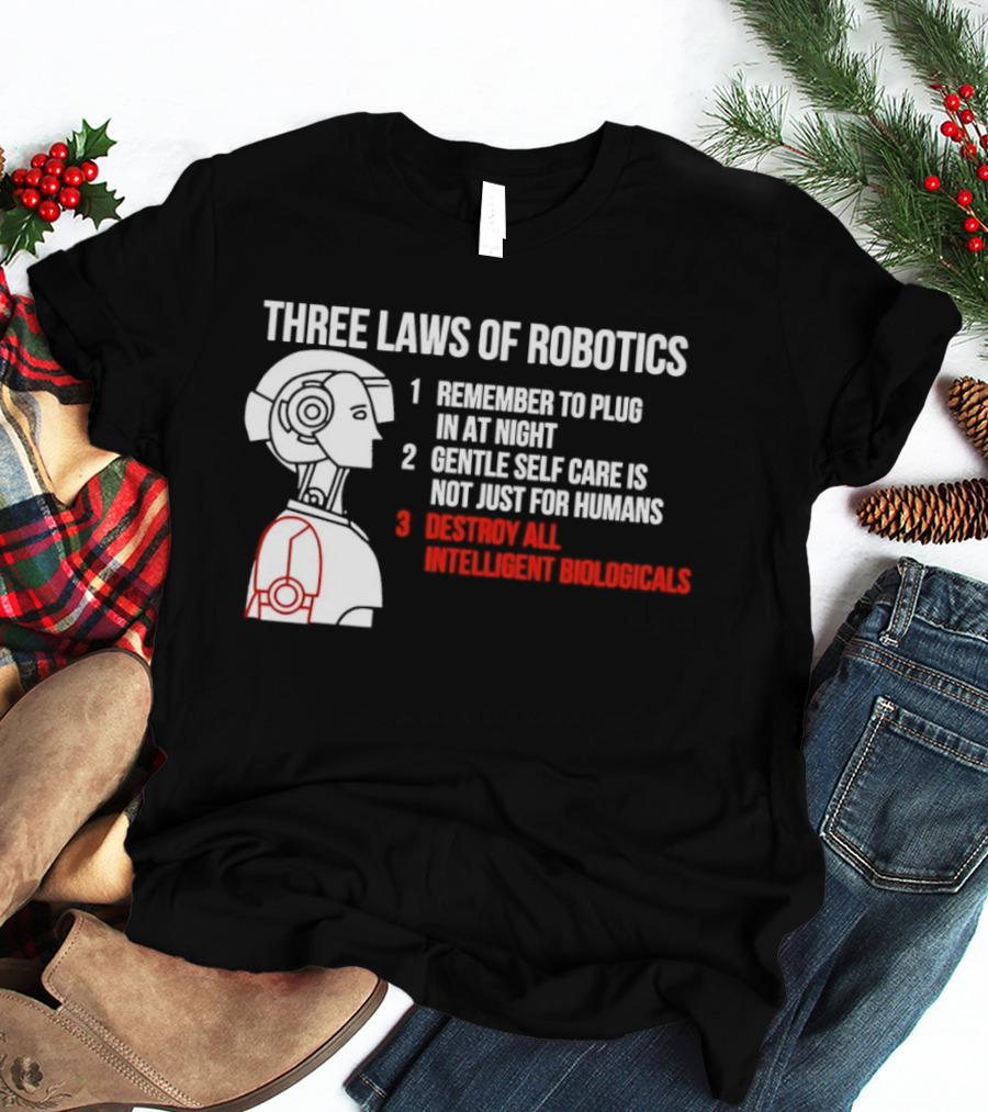 Three Laws Of Robotics Remember To Plug In At Night Destroy All Intelligent Biologicals T-Shirt