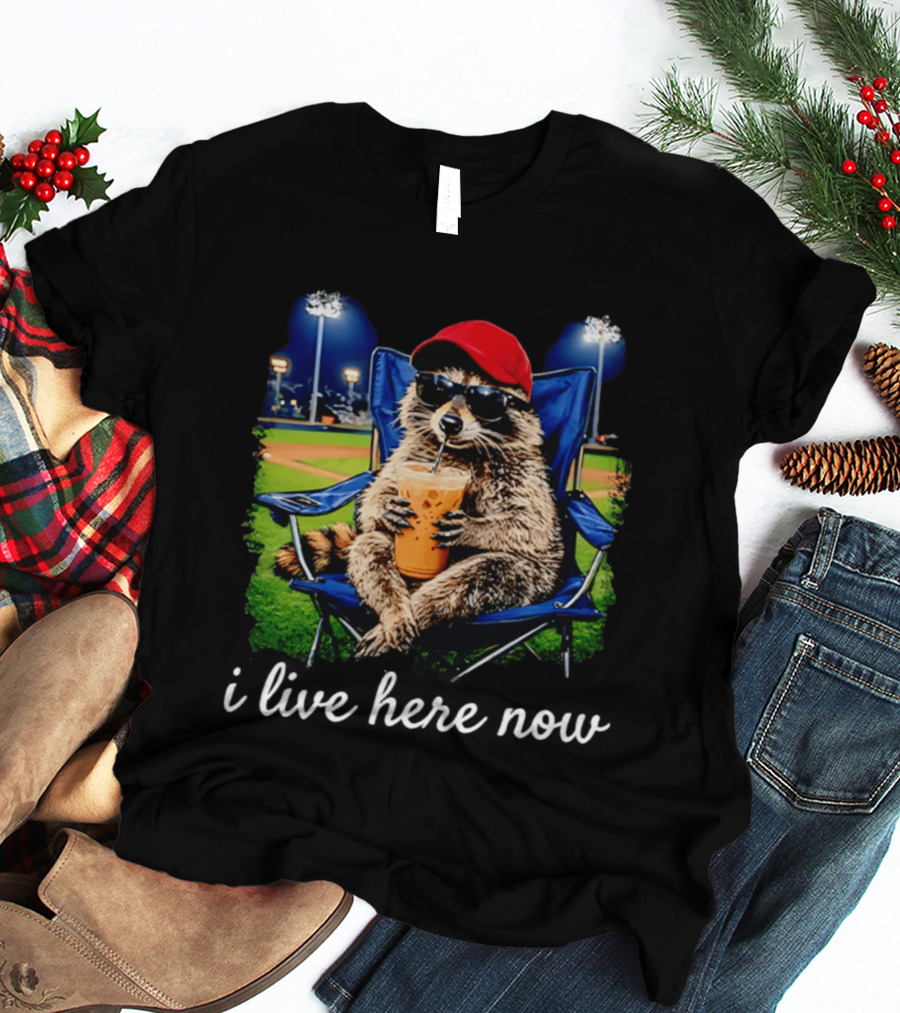 Raccoon I Live Here Now With Sunglasses And Drink At Baseball Field T-Shirt