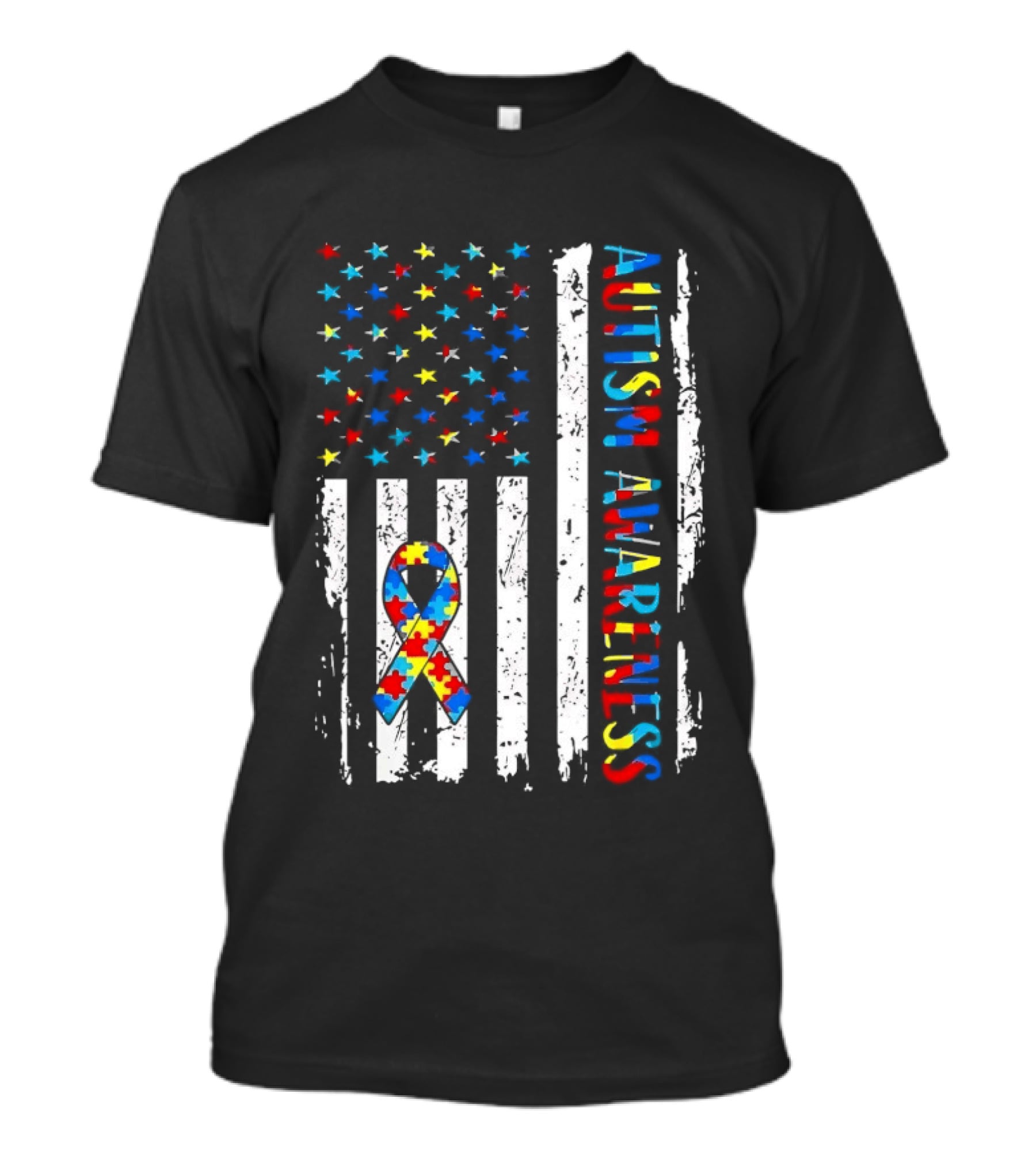USA Flag Autism Awareness Ribbon Puzzle Pieces T-Shirt