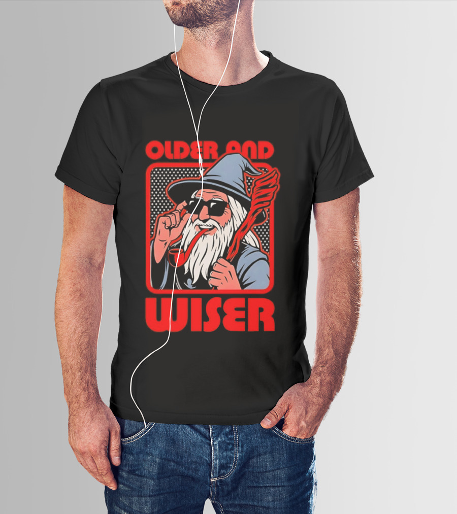 Older And Wiser Wizard Smoking Pipe In Sunglasses Wise Pop T-Shirt