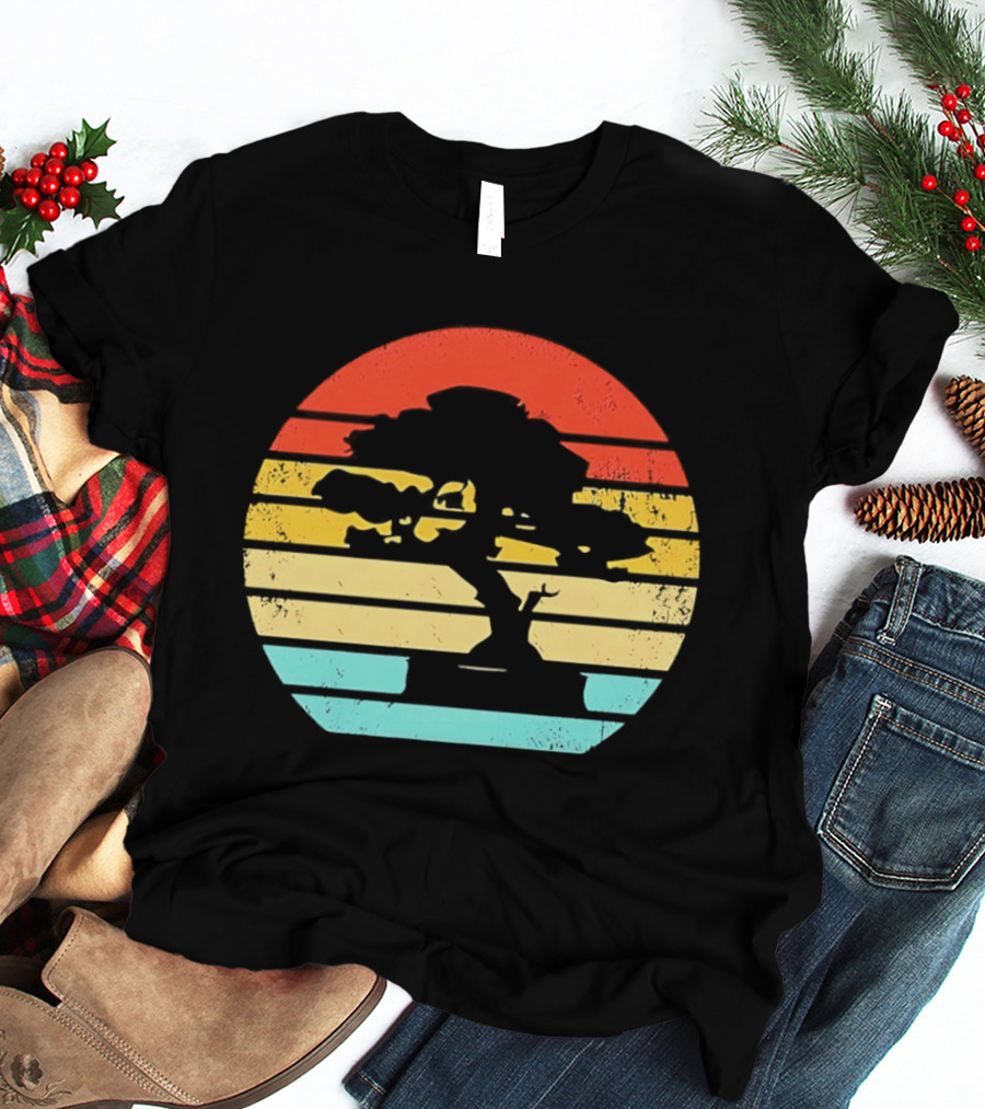 Bonsai Tree Silhouette Japan Retro Sunset T-Shirt