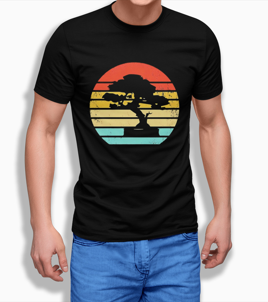 Bonsai Tree Silhouette Japan Retro Sunset T-Shirt
