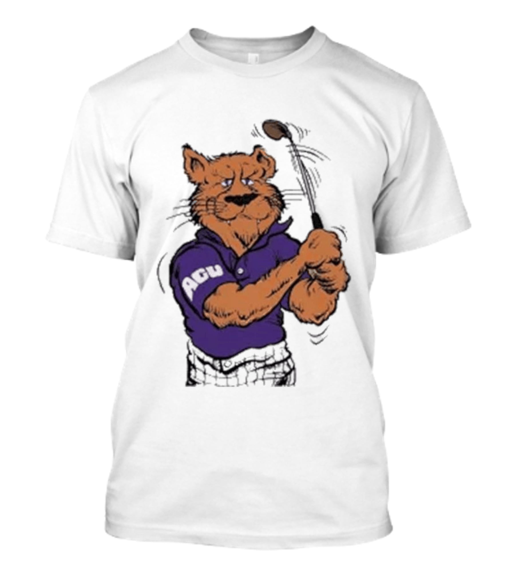 ACU Golf Puma In Purple Polo Swinging A Club T-Shirt