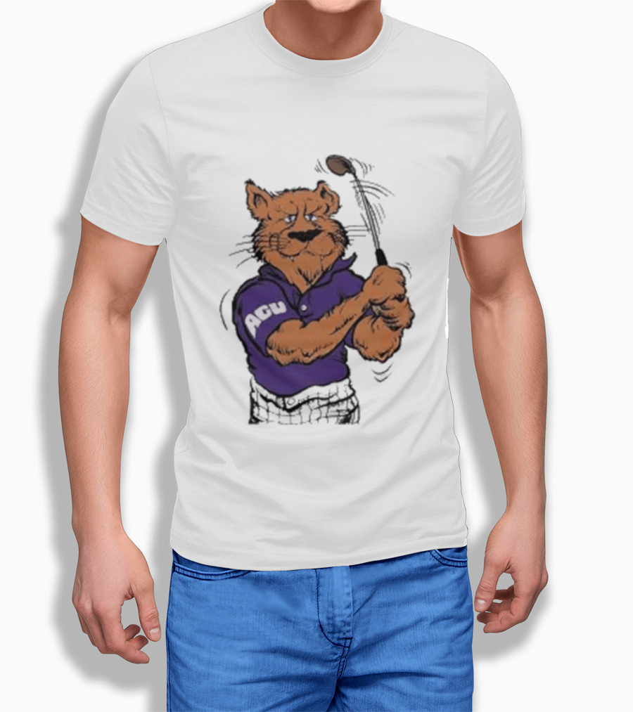 ACU Golf Puma In Purple Polo Swinging A Club T-Shirt