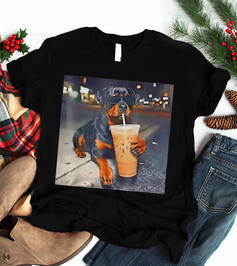 Rottweiler Drinking Iced Coffee Wearing Sunglasses Funny Dog T-Shirt