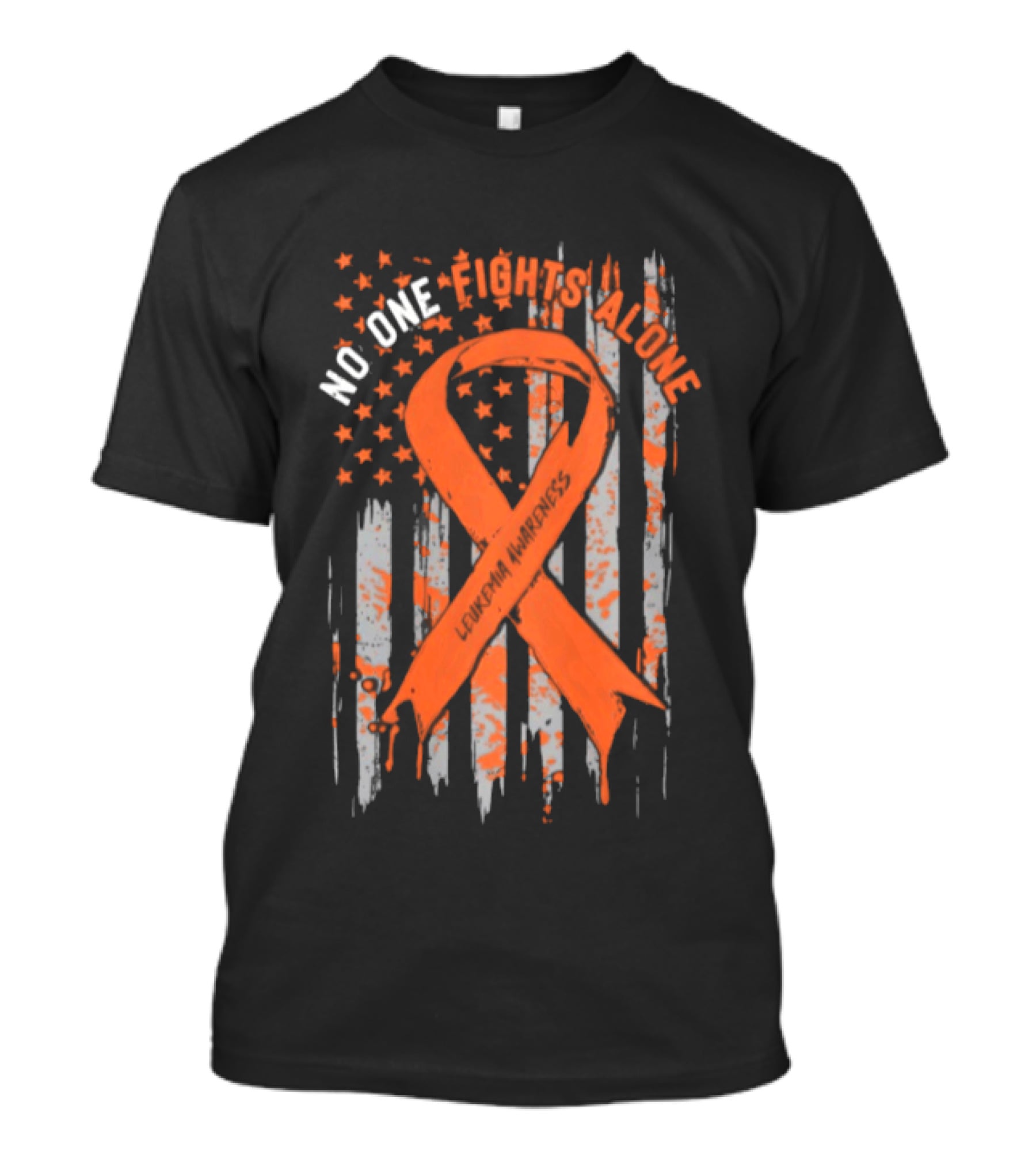 No One Fights Alone Leukemia Awareness Orange Ribbon American Flag T-Shirt