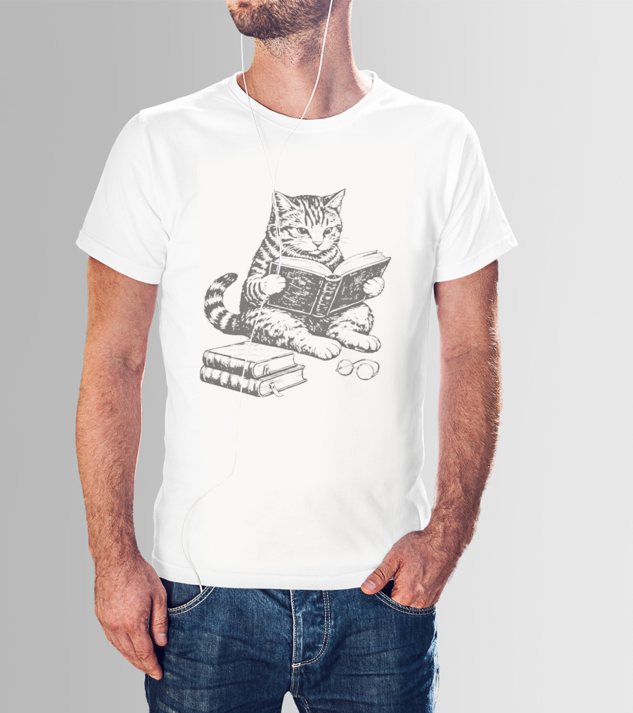 Tabby Cat Sitting And Reading Book With Stacked Books Beneath T-Shirt