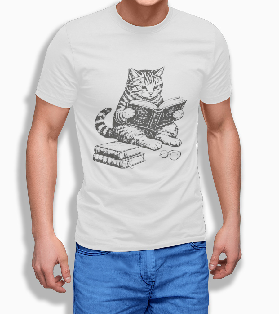 Tabby Cat Sitting And Reading Book With Stacked Books Beneath T-Shirt