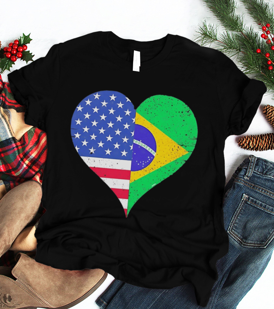 Brazilian And American Heart Flags Unity T-Shirt