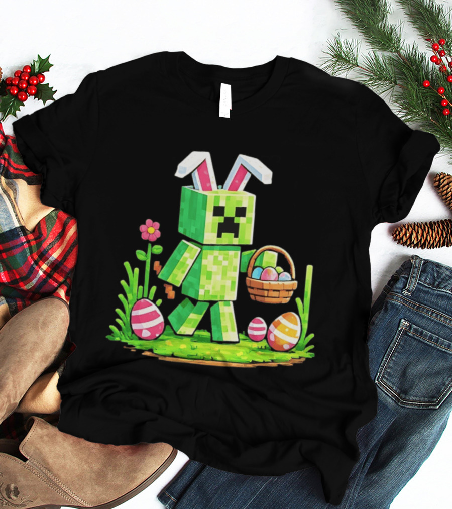 Creeper Rabbit Ears Easter Egg Hunt Gamer Pixel T-Shirt