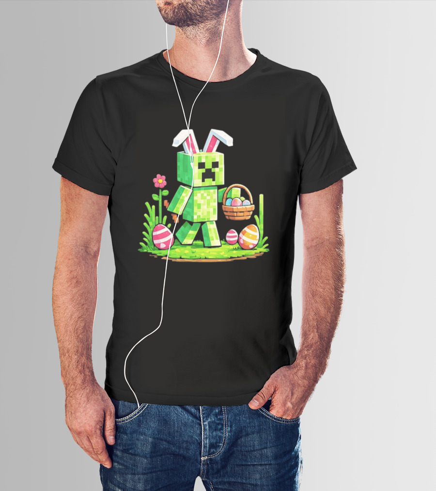 Creeper Rabbit Ears Easter Egg Hunt Gamer Pixel T-Shirt