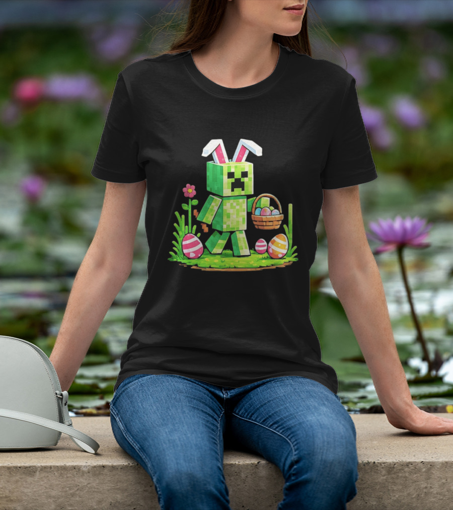 Creeper Rabbit Ears Easter Egg Hunt Gamer Pixel T-Shirt