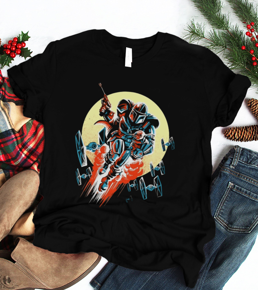 Din Djarin Grogu TIE Fighters Mandalorian Jetpack Adventure T-Shirt