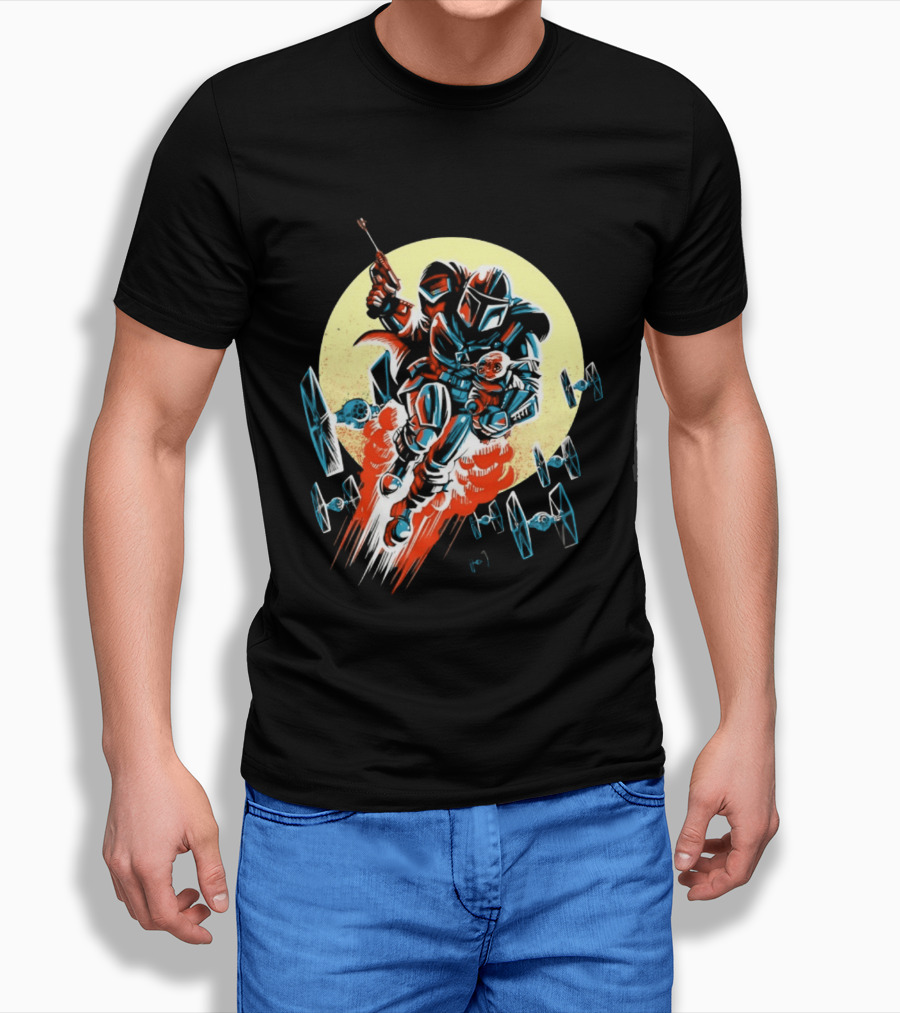 Din Djarin Grogu TIE Fighters Mandalorian Jetpack Adventure T-Shirt