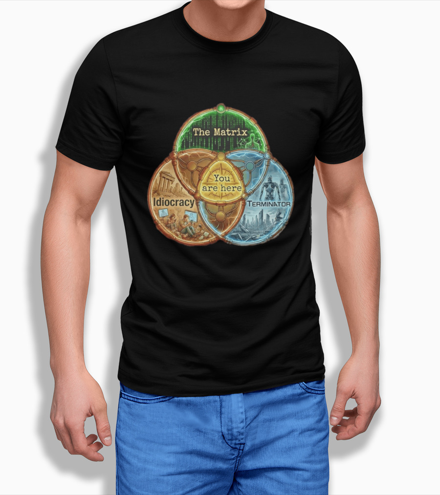 The Matrix Idiocracy Terminator You Are Here Fusion Of Iconic Sci Fi Dystopias T-Shirt