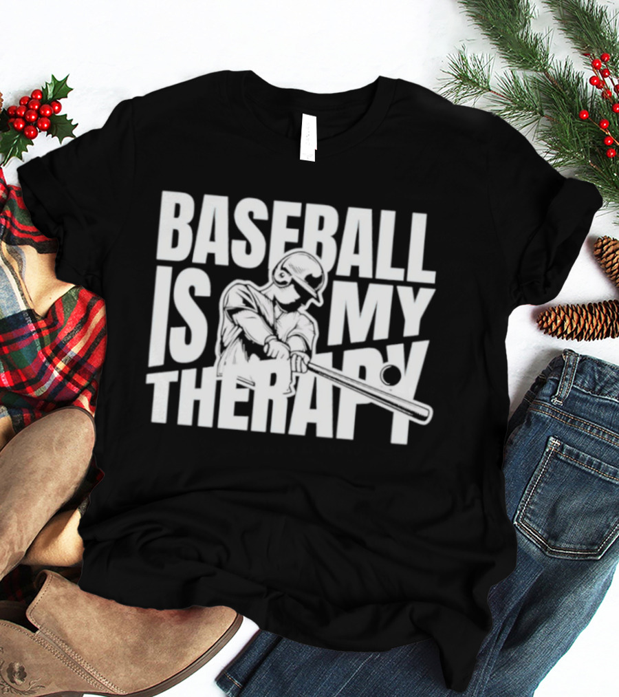 Baseball Is My Therapy Player Hitting Ball T-Shirt