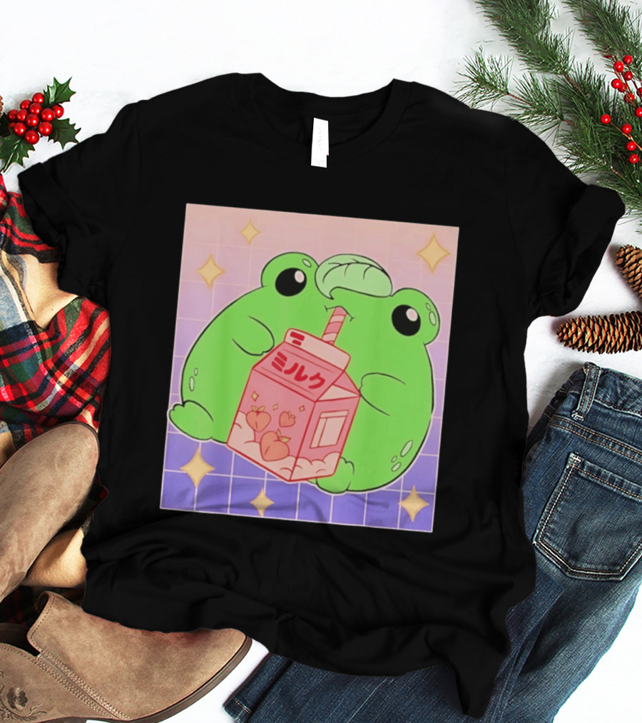 Frog With Peach Milk Box Kawaii Cartoon T-Shirt