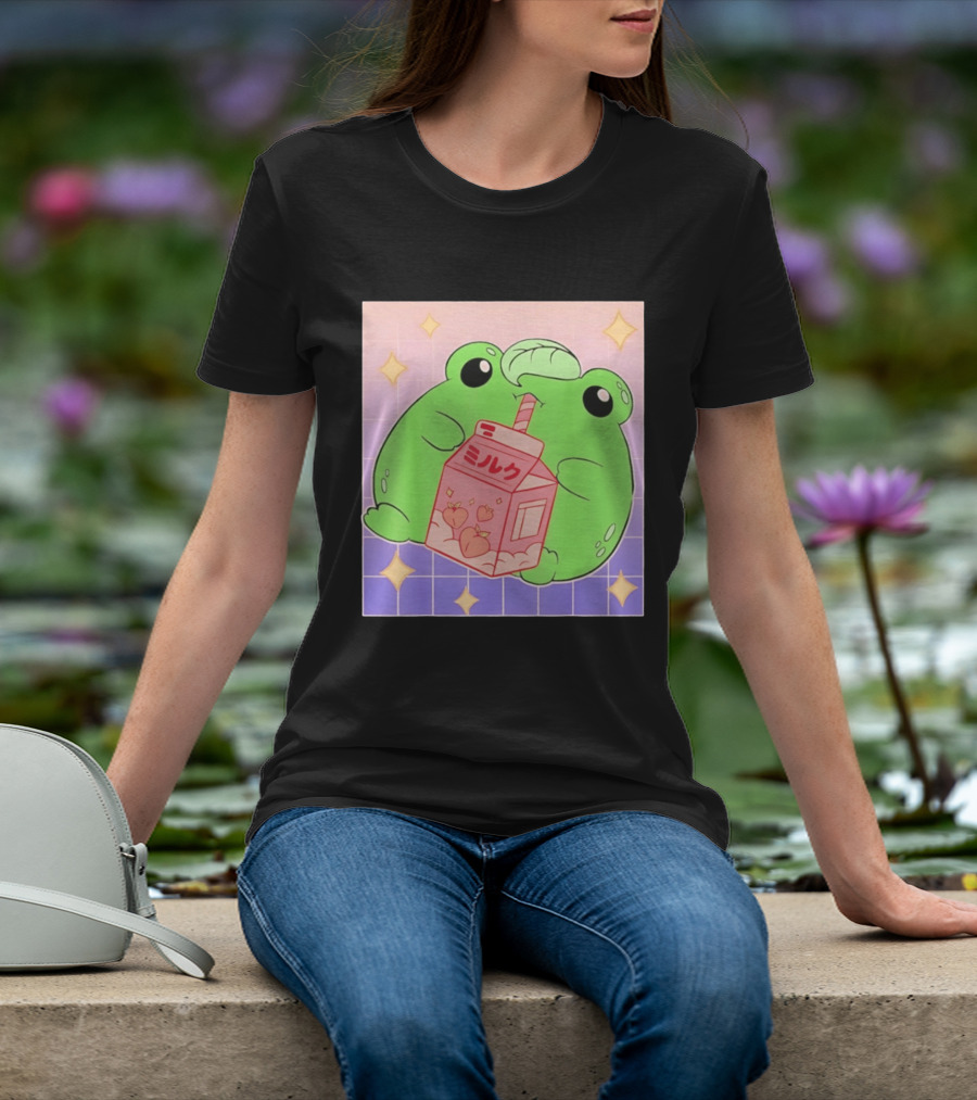 Frog With Peach Milk Box Kawaii Cartoon T-Shirt