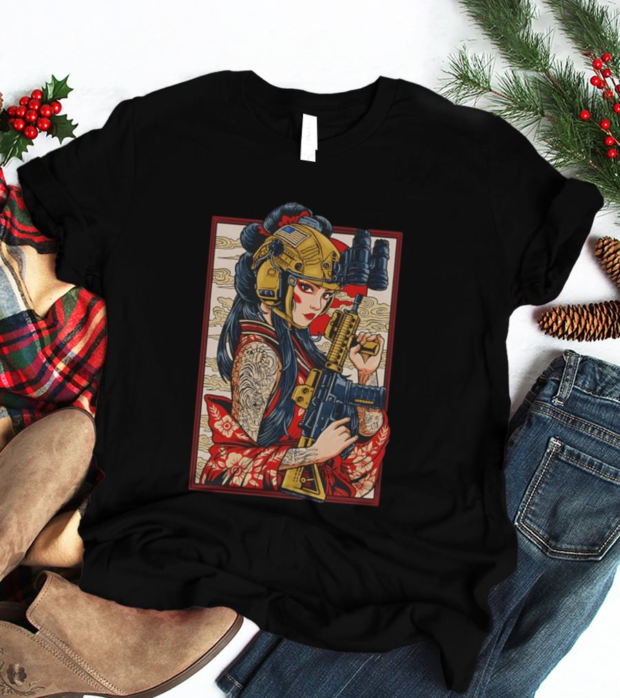 Geisha Anime Tactical Card Warrior With Helmet And Rifle T-Shirt