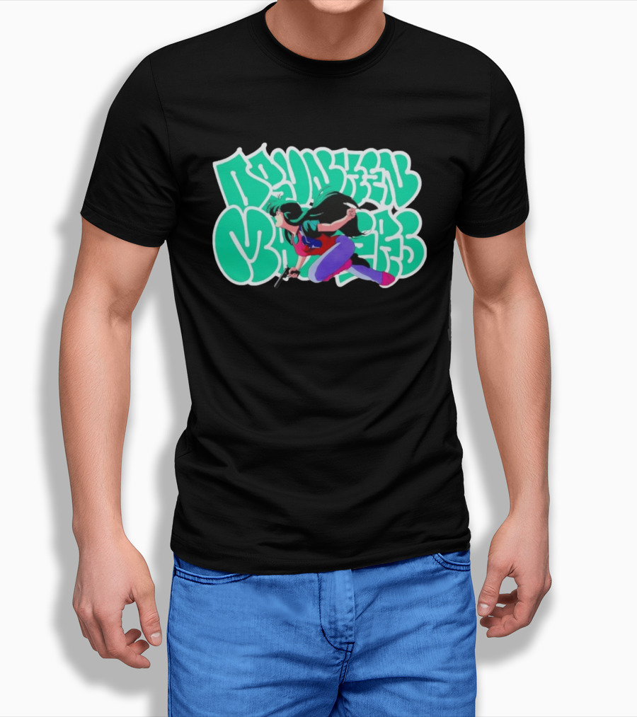 Drunken Masters Anime Girl Green Graffiti Gun Action T-Shirt