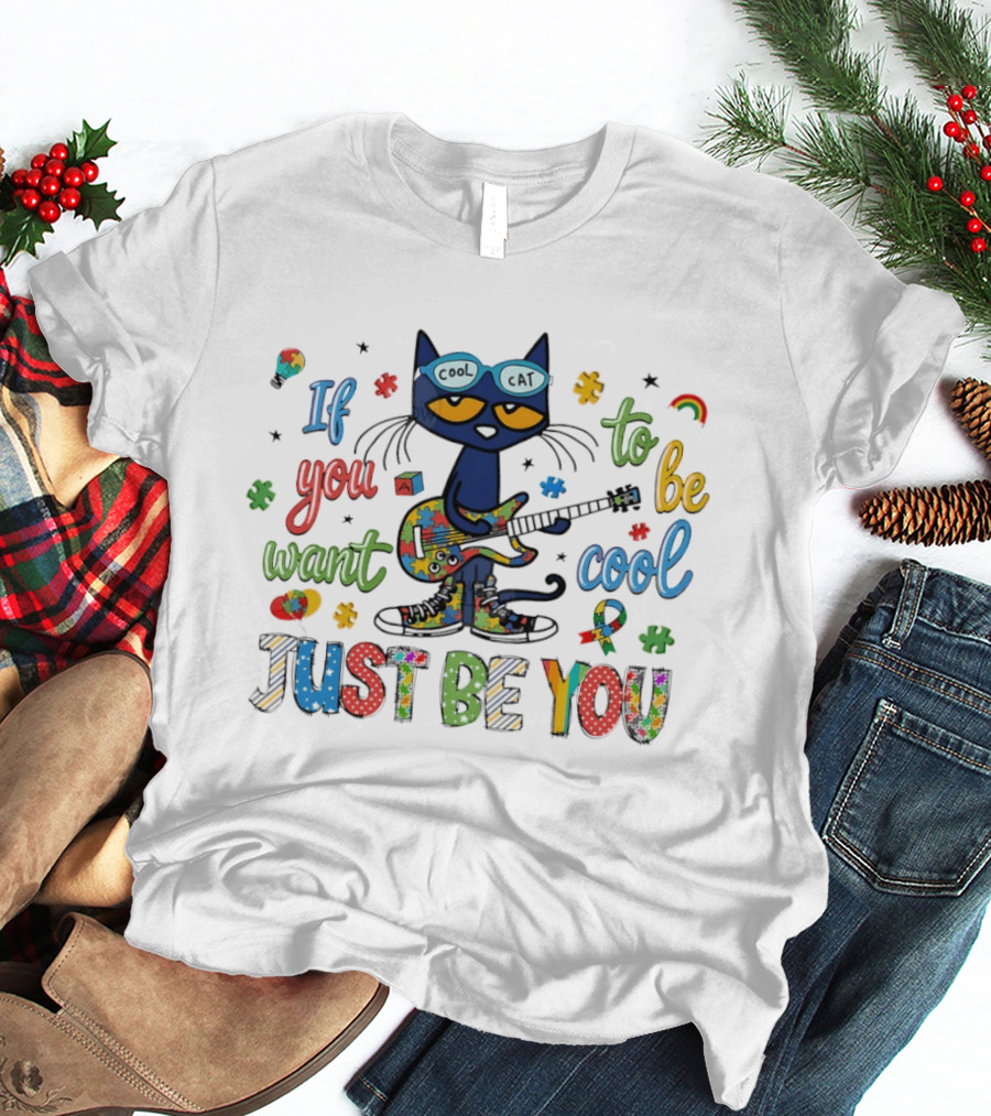 Cool Cat Just Be You Autism Puzzle Guitar T-Shirt