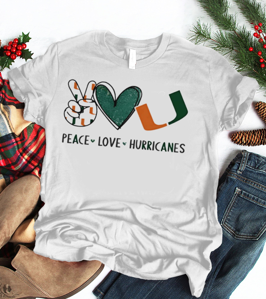 Peace Love Hurricanes Miami Hurricanes Football Hand Sign Heart Shape T-Shirt