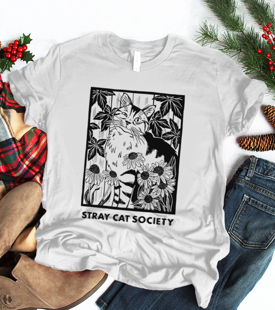 Stray Cat Society Floral And Feline Illustration With Botanical T-Shirt