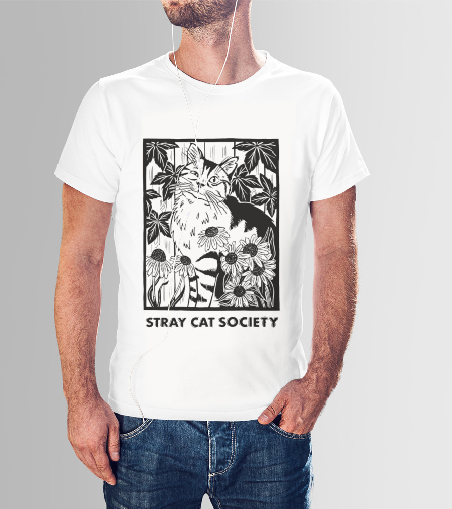 Stray Cat Society Floral And Feline Illustration With Botanical T-Shirt