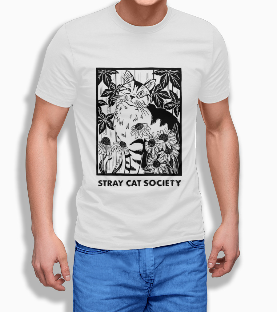Stray Cat Society Floral And Feline Illustration With Botanical T-Shirt