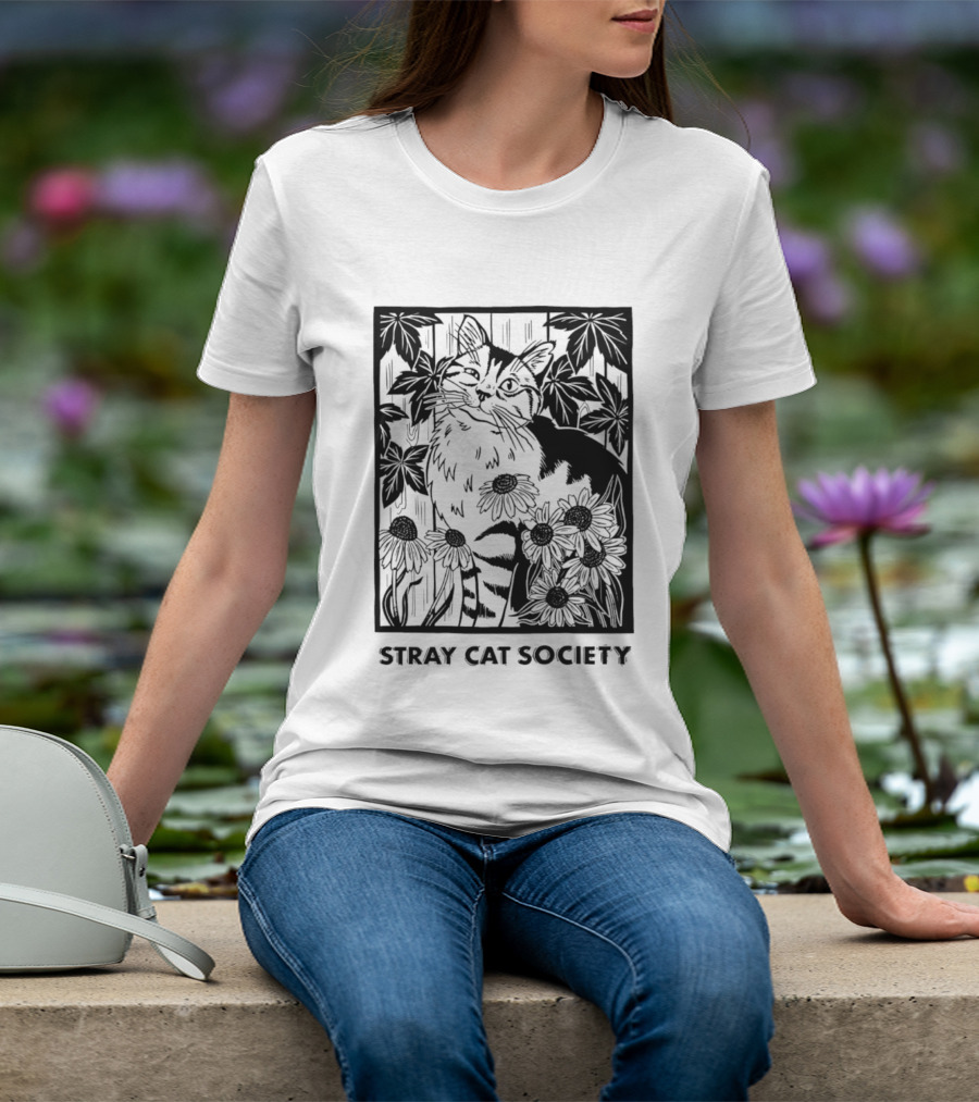 Stray Cat Society Floral And Feline Illustration With Botanical T-Shirt