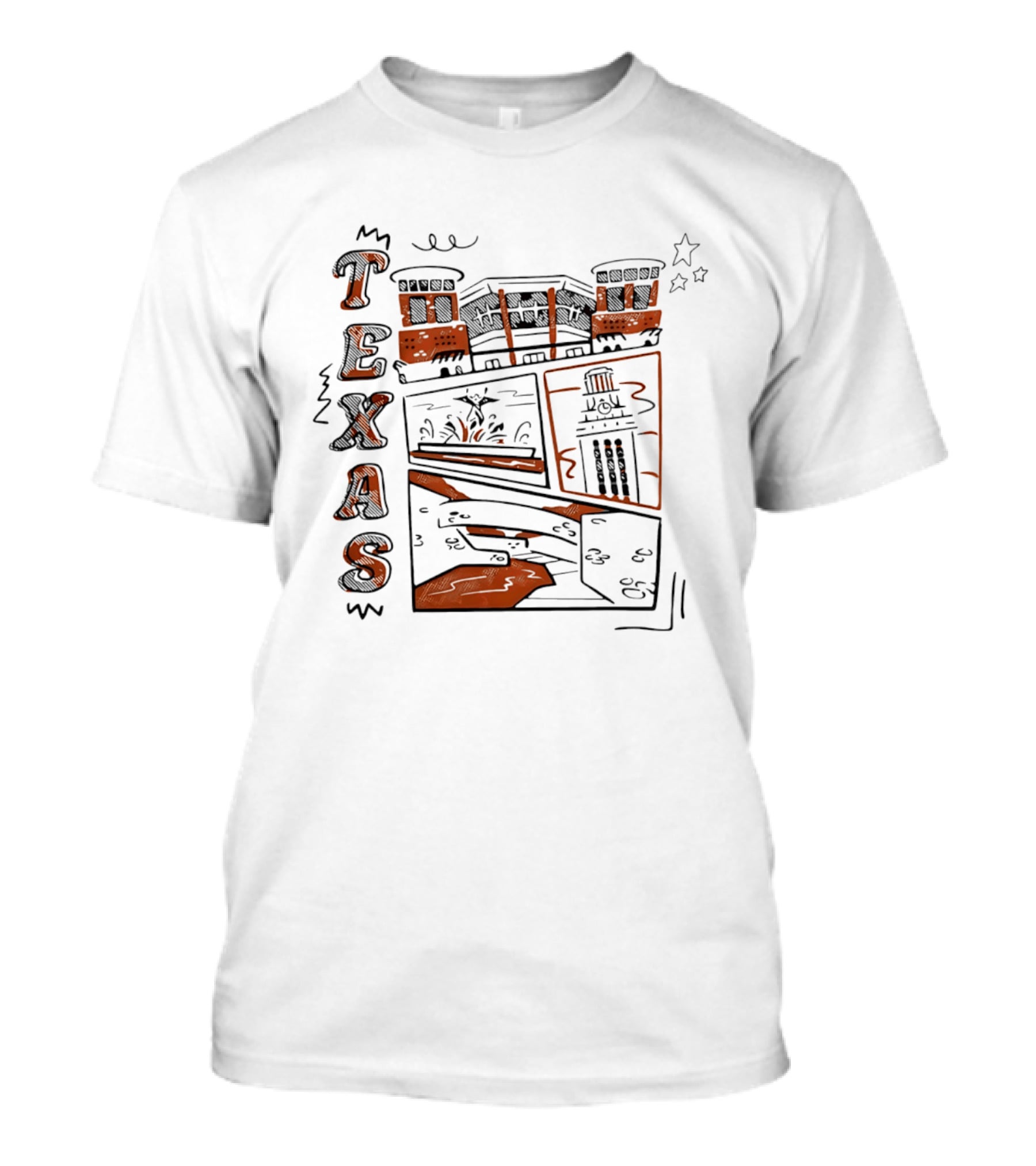 Texas Longhorns Campus Landmarks Comic Art Stadium Tower T-Shirt