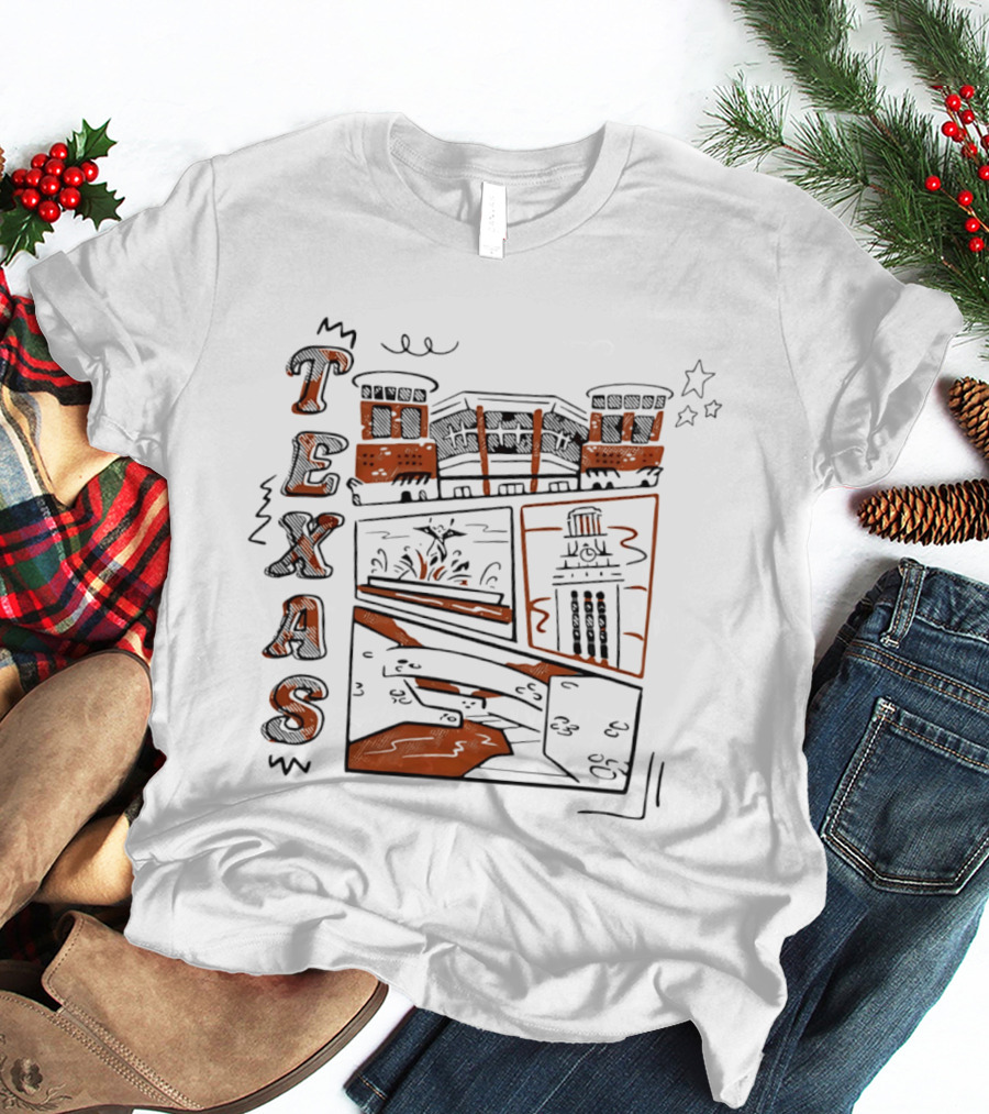 Texas Longhorns Campus Landmarks Comic Art Stadium Tower T-Shirt