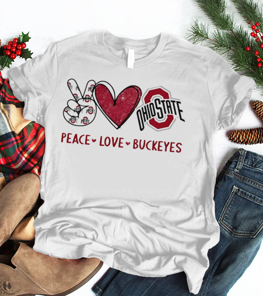 Ohio State Buckeyes Peace Love Buckeyes Hand Sign Heart Shape T-Shirt