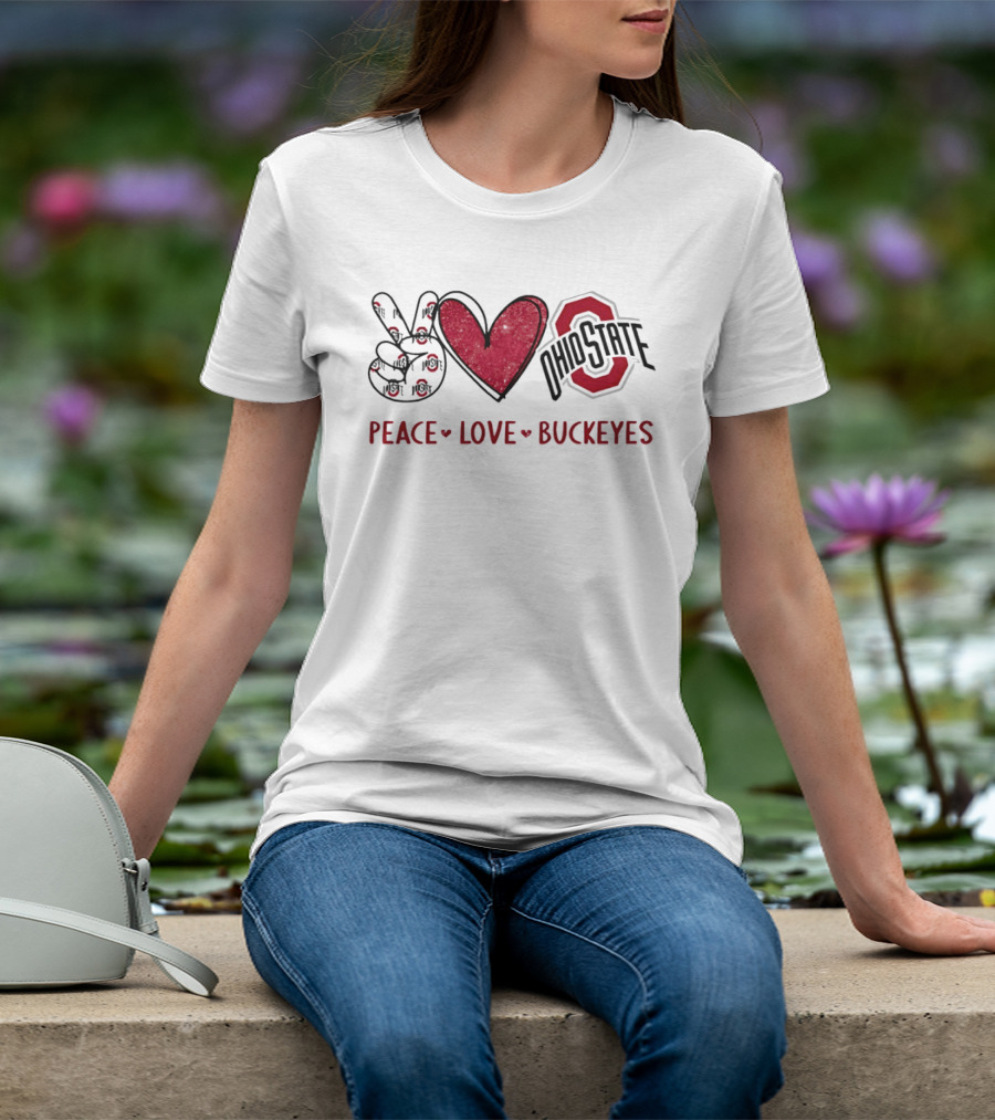 Ohio State Buckeyes Peace Love Buckeyes Hand Sign Heart Shape T-Shirt