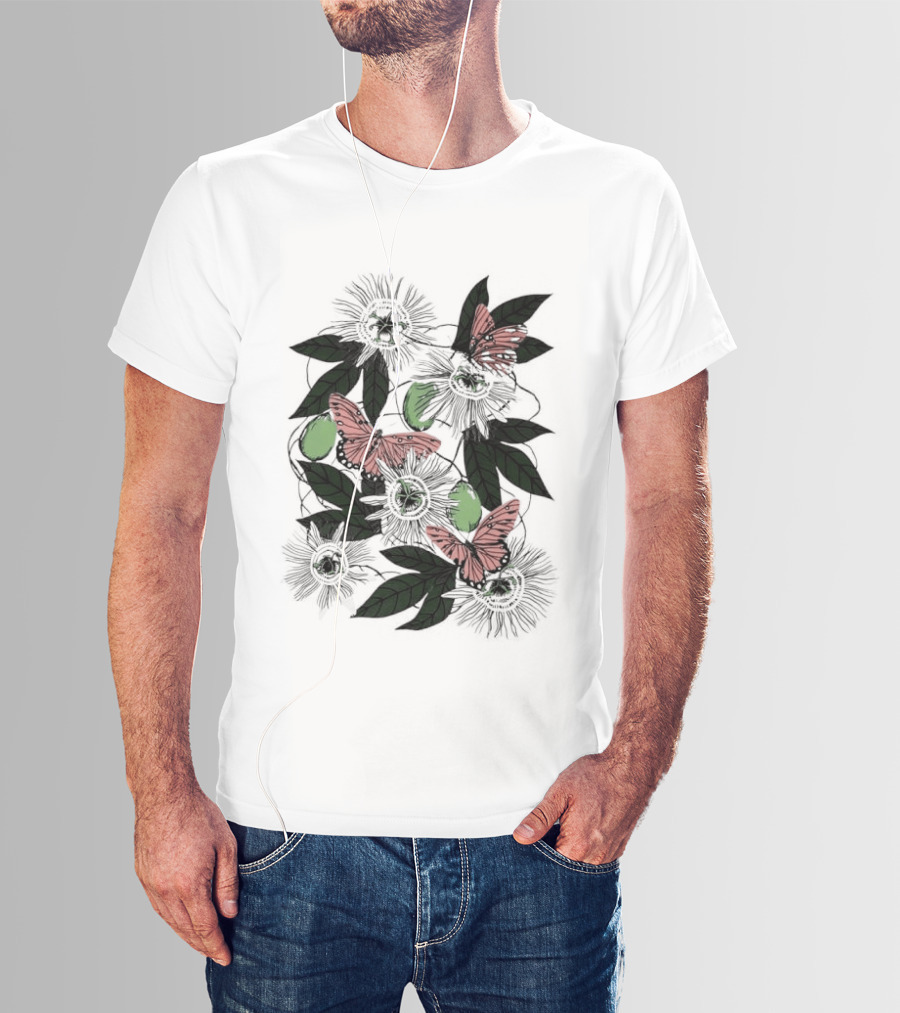 Passion Flower Pistachio Incarnata Red Butterflies Adult T-Shirt