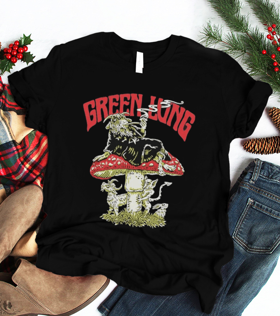 Green Lung Band Goat Smoking On Mushroom Old English Black Magic T-Shirt