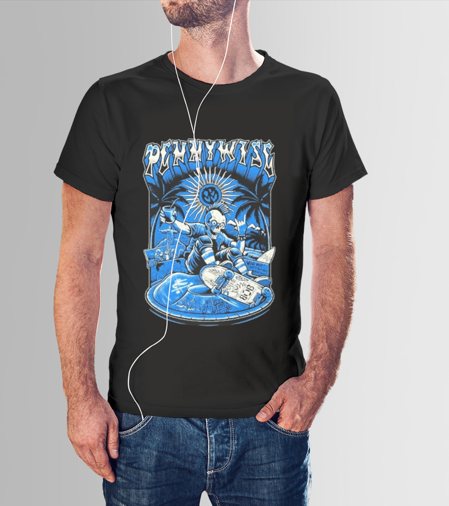Pennywise South America Tour 2026 Skater Beach Scene With Skeleton And Skateboard Palms Waves Cup Blue Sunburst T-Shirt