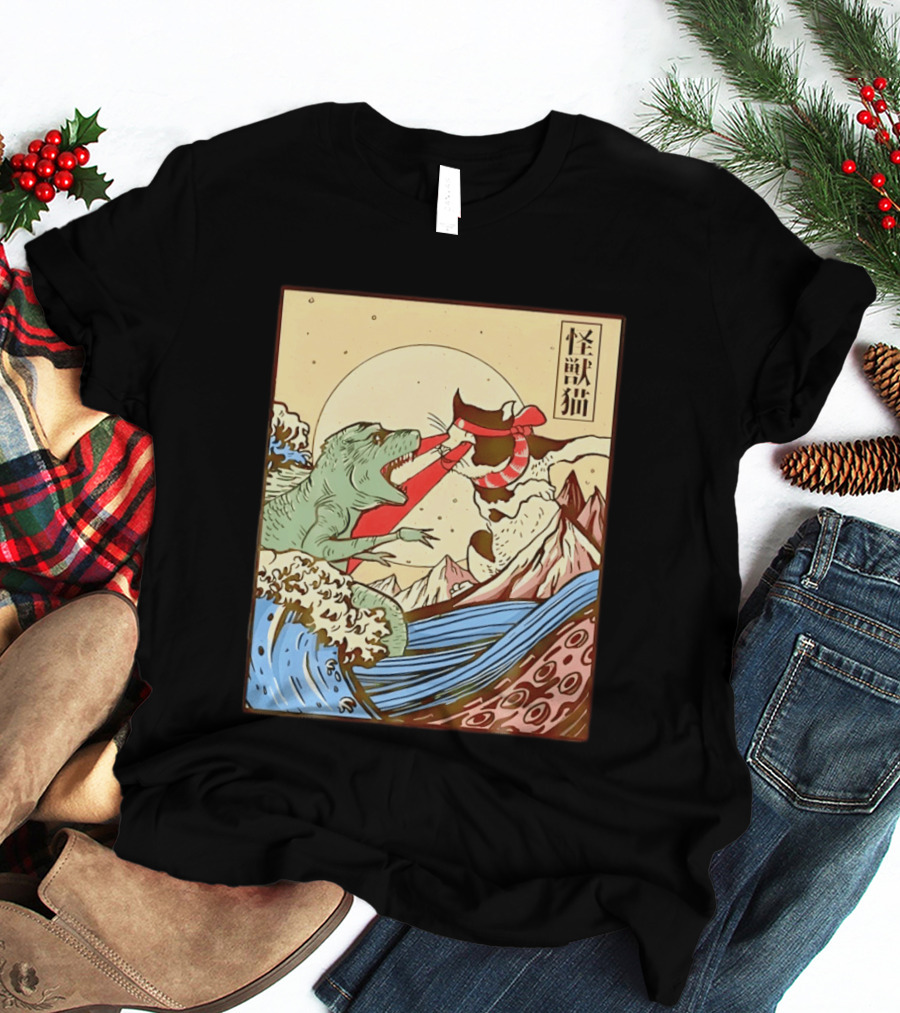 Japanese Great Wave Cat Vs Monster Classic Kaiju T-Shirt
