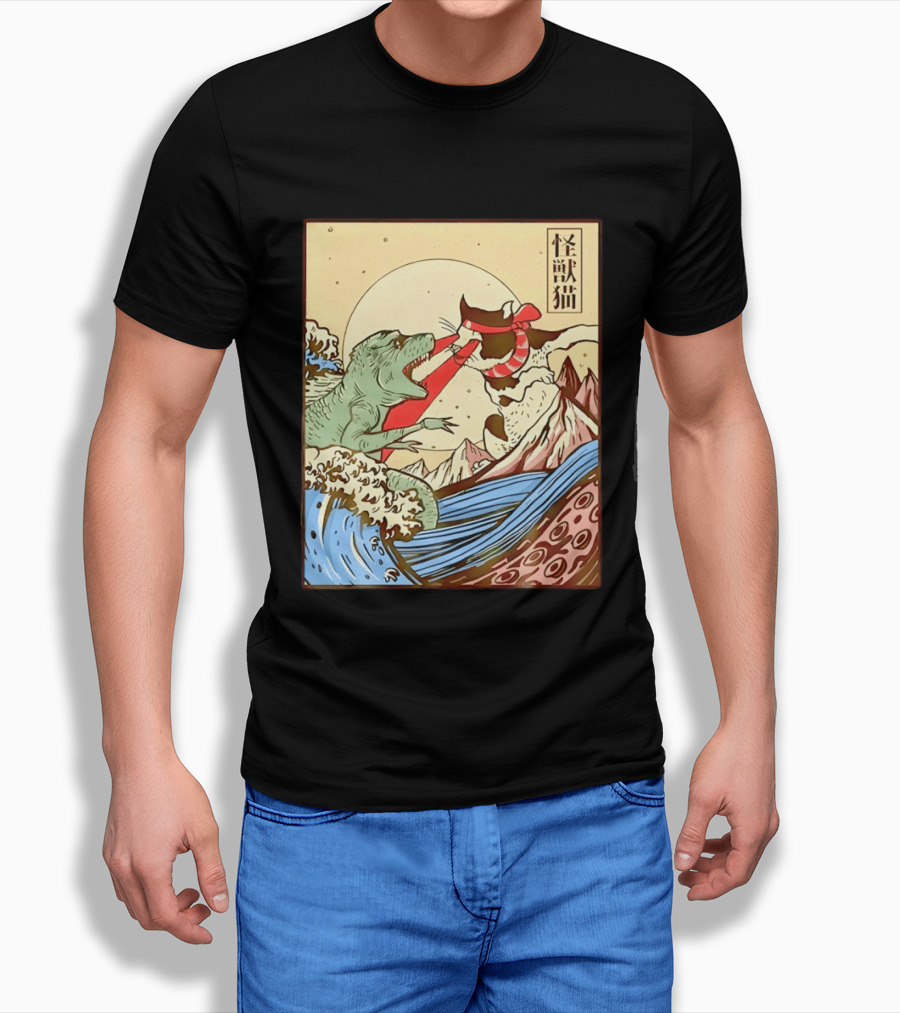 Japanese Great Wave Cat Vs Monster Classic Kaiju T-Shirt