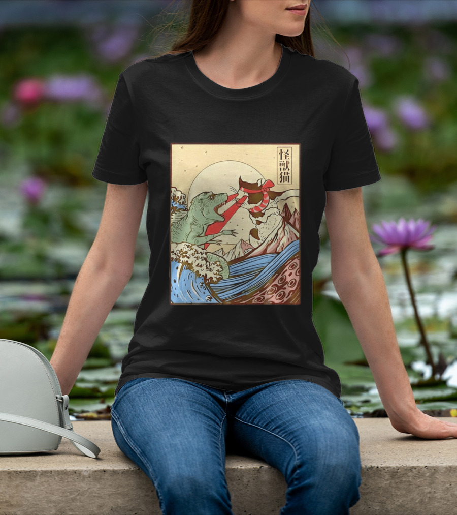 Japanese Great Wave Cat Vs Monster Classic Kaiju T-Shirt