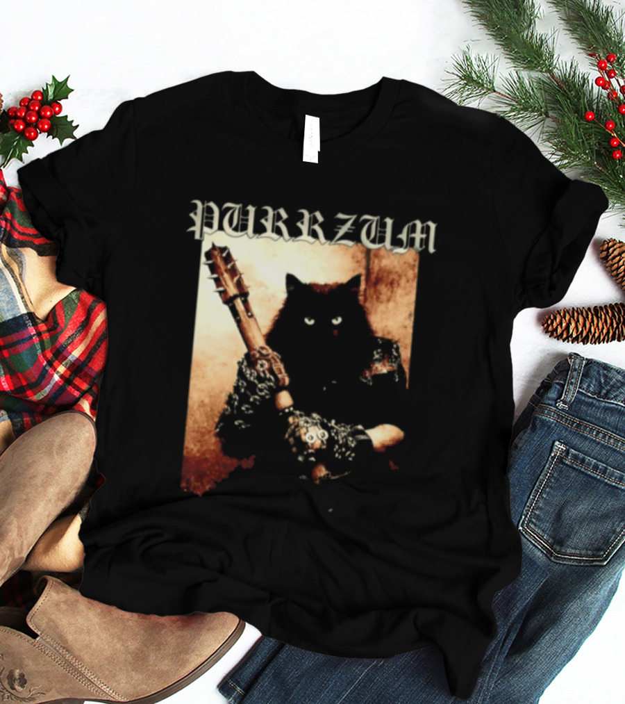 Purrzum Cat Black Metal Aesthetic Feline Holding Guitar T-Shirt