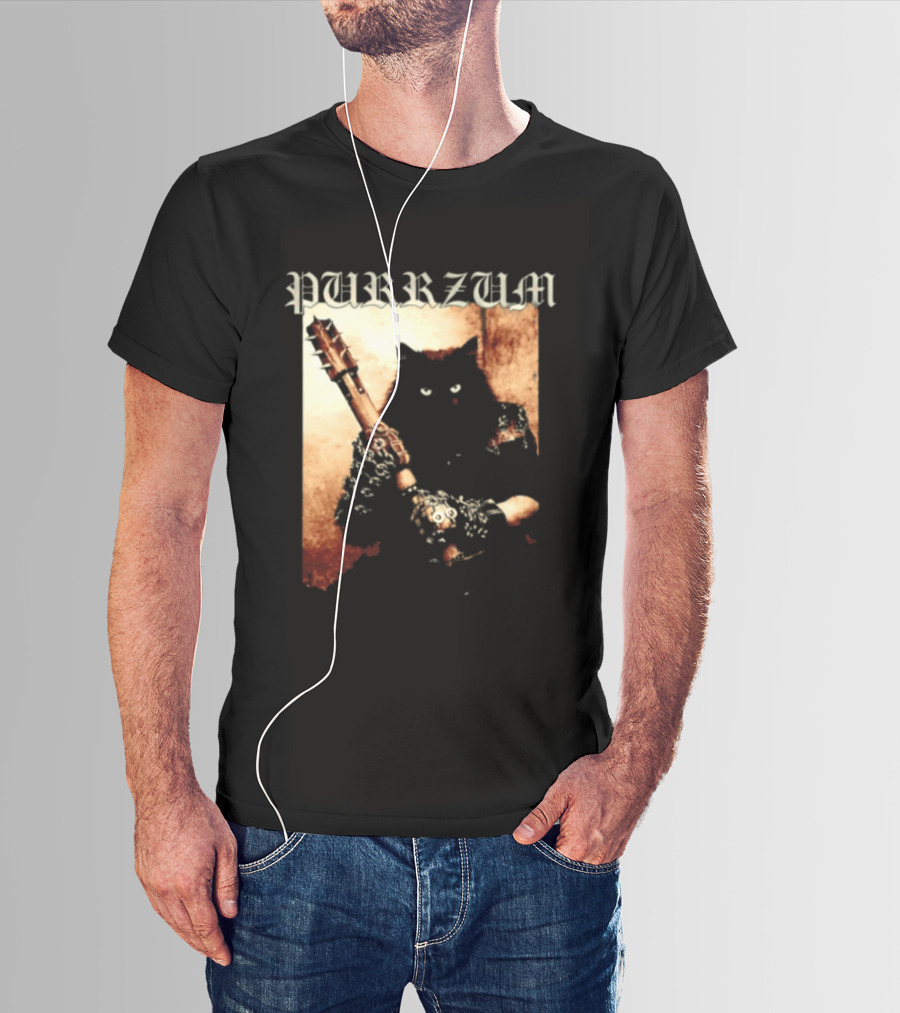 Purrzum Cat Black Metal Aesthetic Feline Holding Guitar T-Shirt