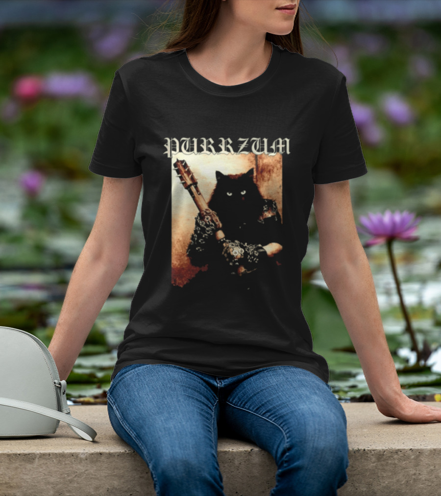 Purrzum Cat Black Metal Aesthetic Feline Holding Guitar T-Shirt