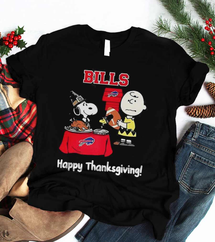 Snoopy And Charlie Brown Celebrate Buffalo Bills Happy Thanksgiving T-Shirt