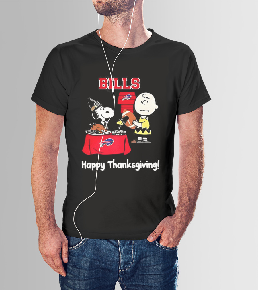 Snoopy And Charlie Brown Celebrate Buffalo Bills Happy Thanksgiving T-Shirt